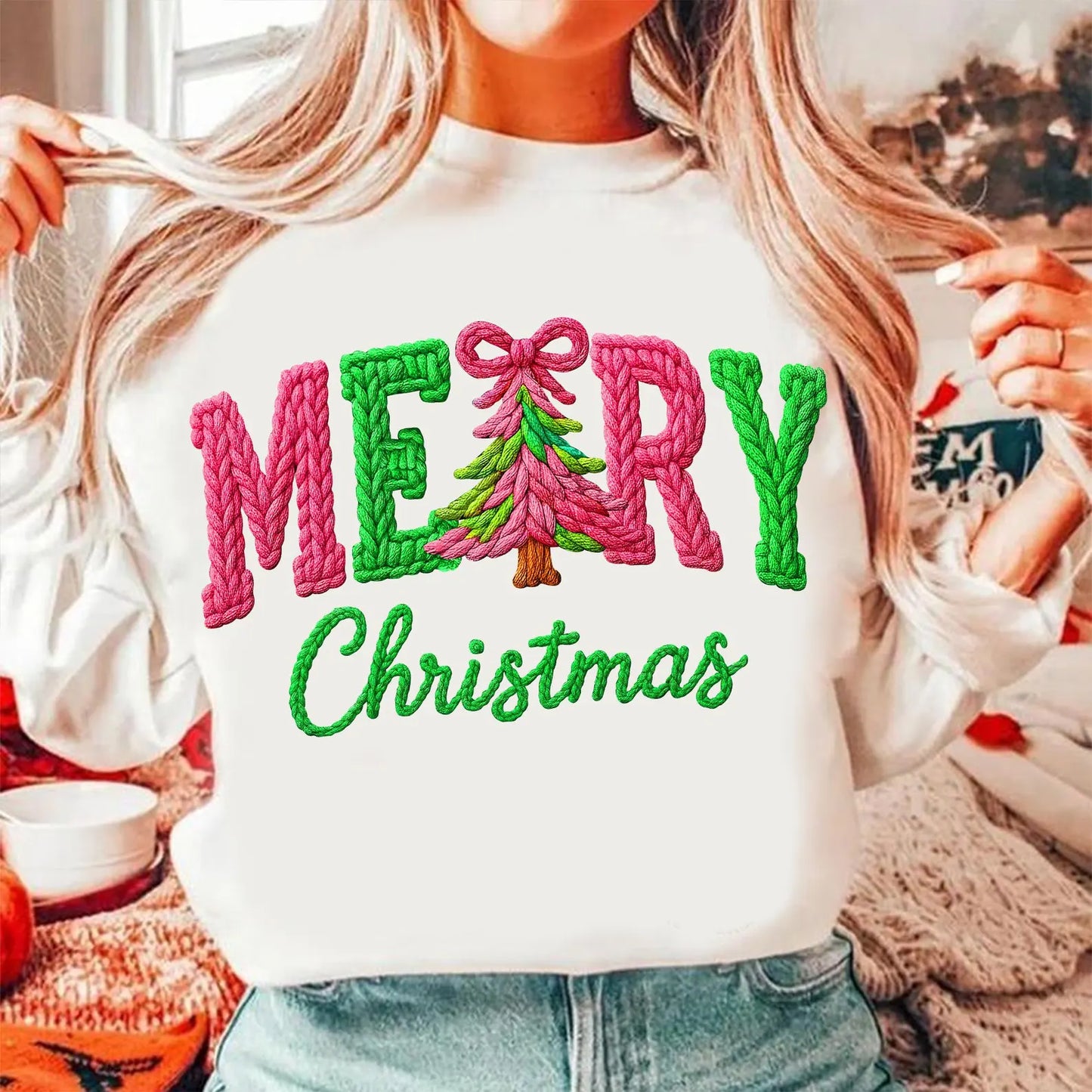 Faux Yarn Pink and Green Merry Christmas tee