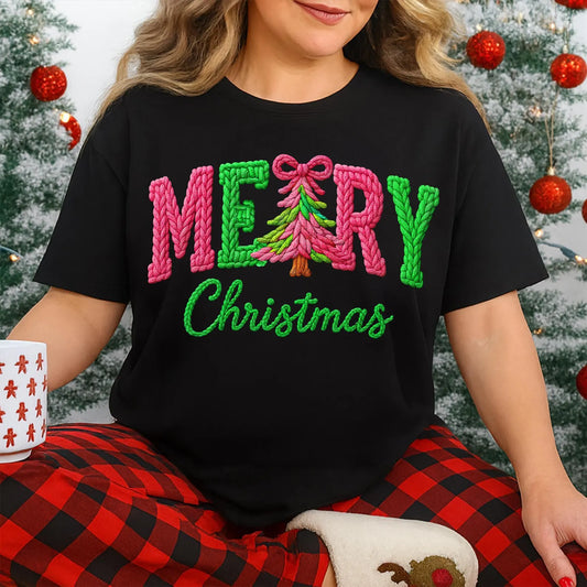 Faux Yarn Pink and Green Merry Christmas tee